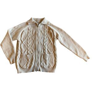 Woven Heart Womens Beige Full Zip Chunky Cable Knit Cardigan Sweater Grandma Cor